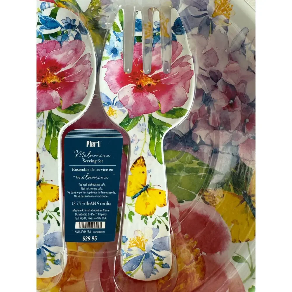 NWT Pier 1 Melamine Salad Bowl Dish‎ Serving Set Summer Floral Butterflies 14